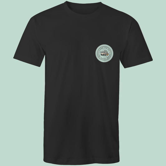 Black shirt with green small circular logo