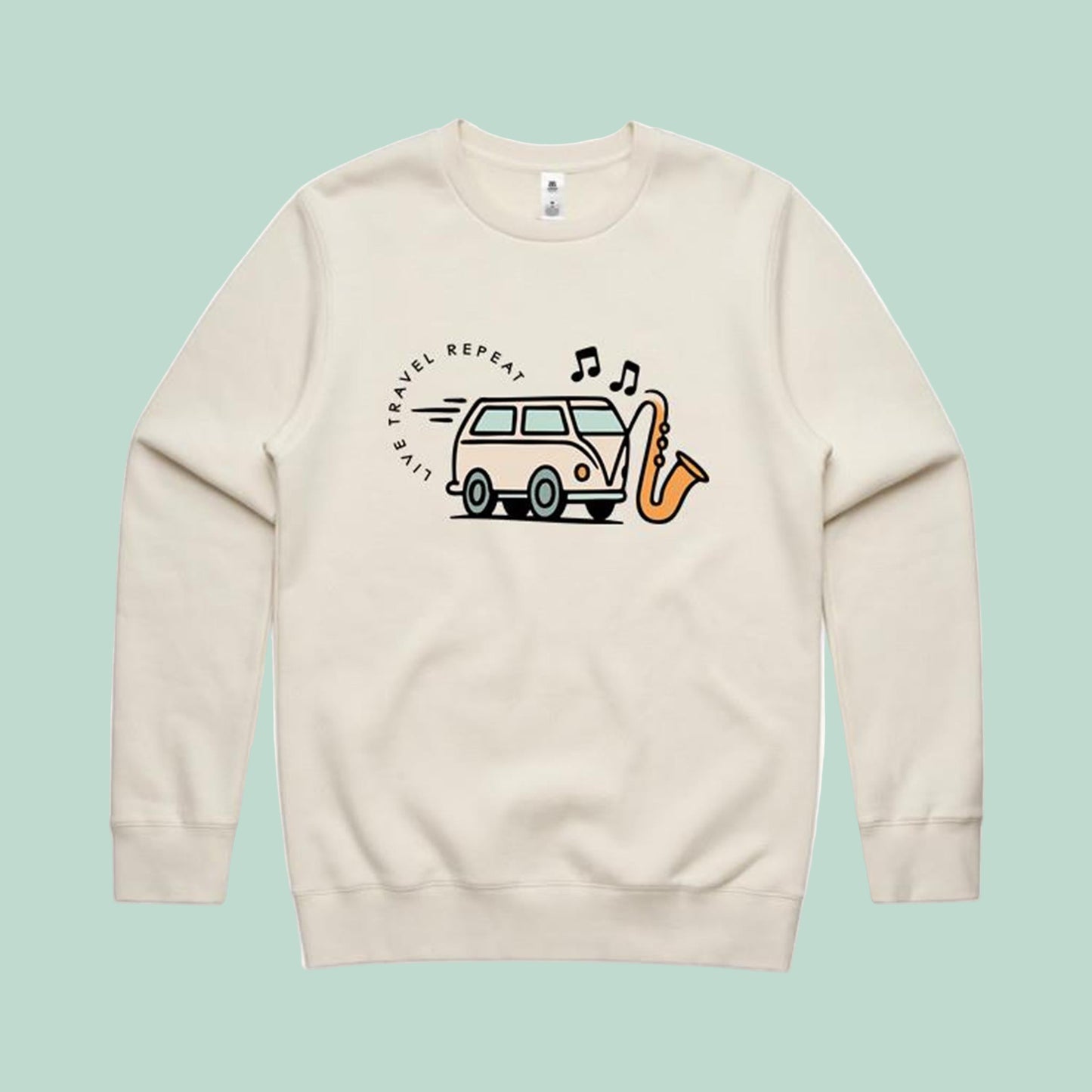 Beige sweatshirt with a graphic design of a van, saxophone, and text on a white background