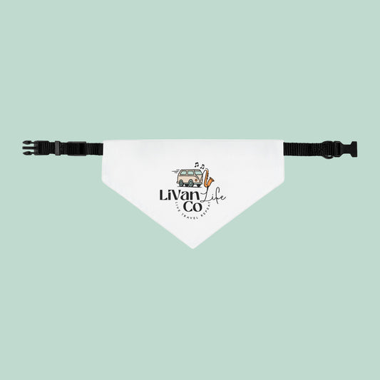 White bandana with black straps featuring 'Livan Life' logo on a light green background