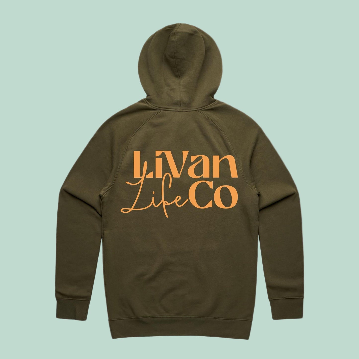 Green hoodie with 'Livan Life Co' text on the back against a white background