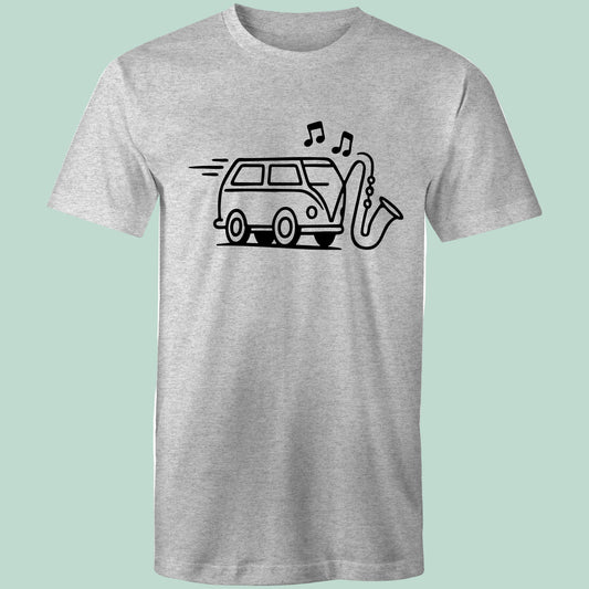 Gray t-shirt with a graphic of a van and saxophone on a light green background