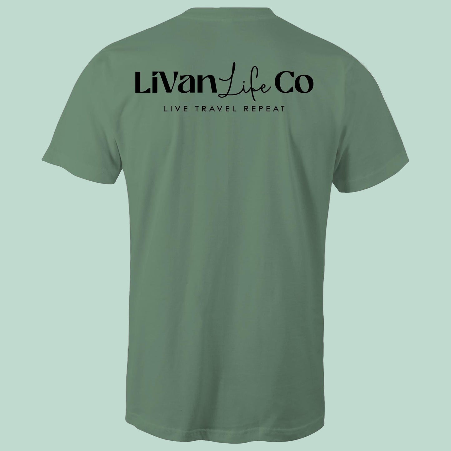 Green t-shirt with 'LiVan Life Co' text on a light green background