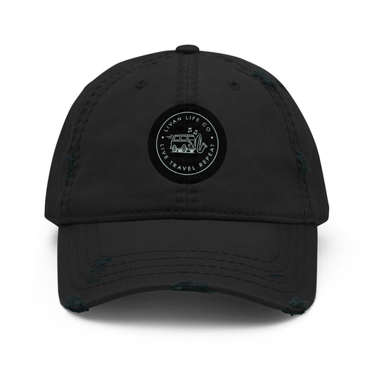 Distressed dad hat front view in Black