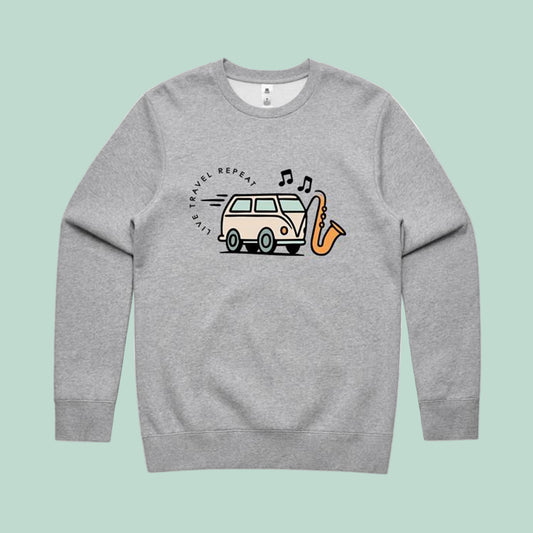 Gray sweatshirt with a graphic design on a light green background