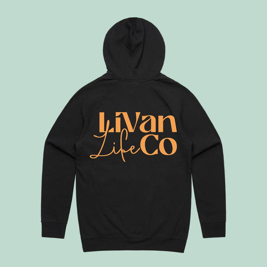 Black hoodie with 'Livan Life Co' text on the back against a white background