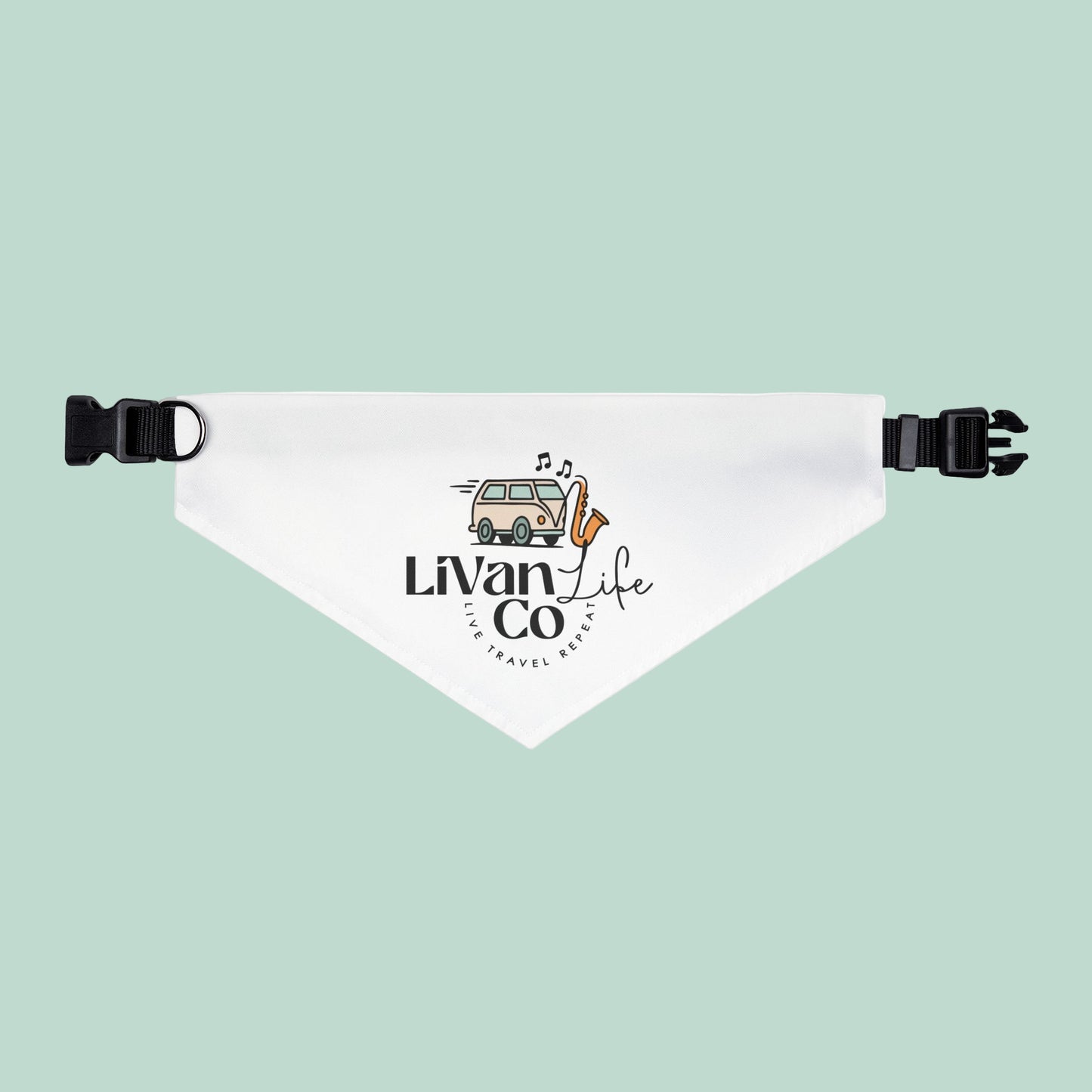 White bandana with 'Livan Co' logo on a light green background