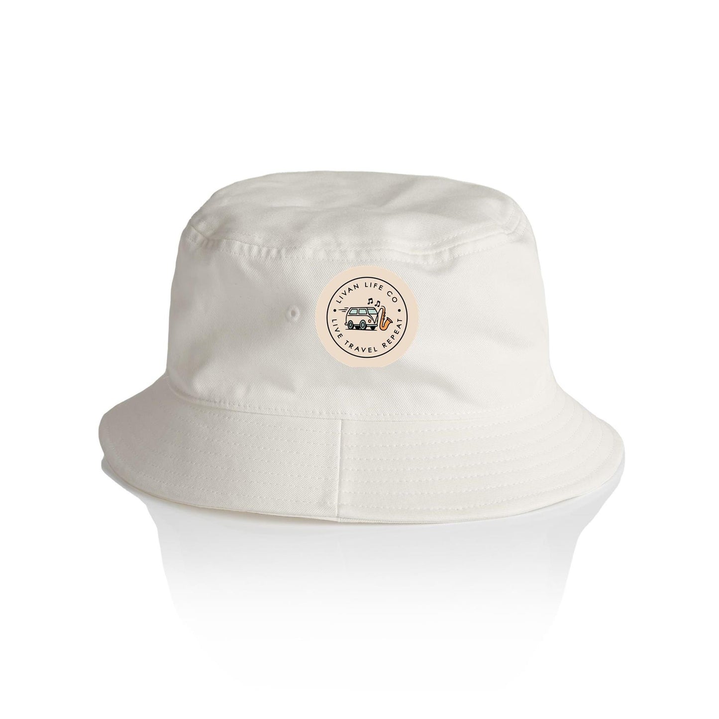 White bucket hat with circular logo