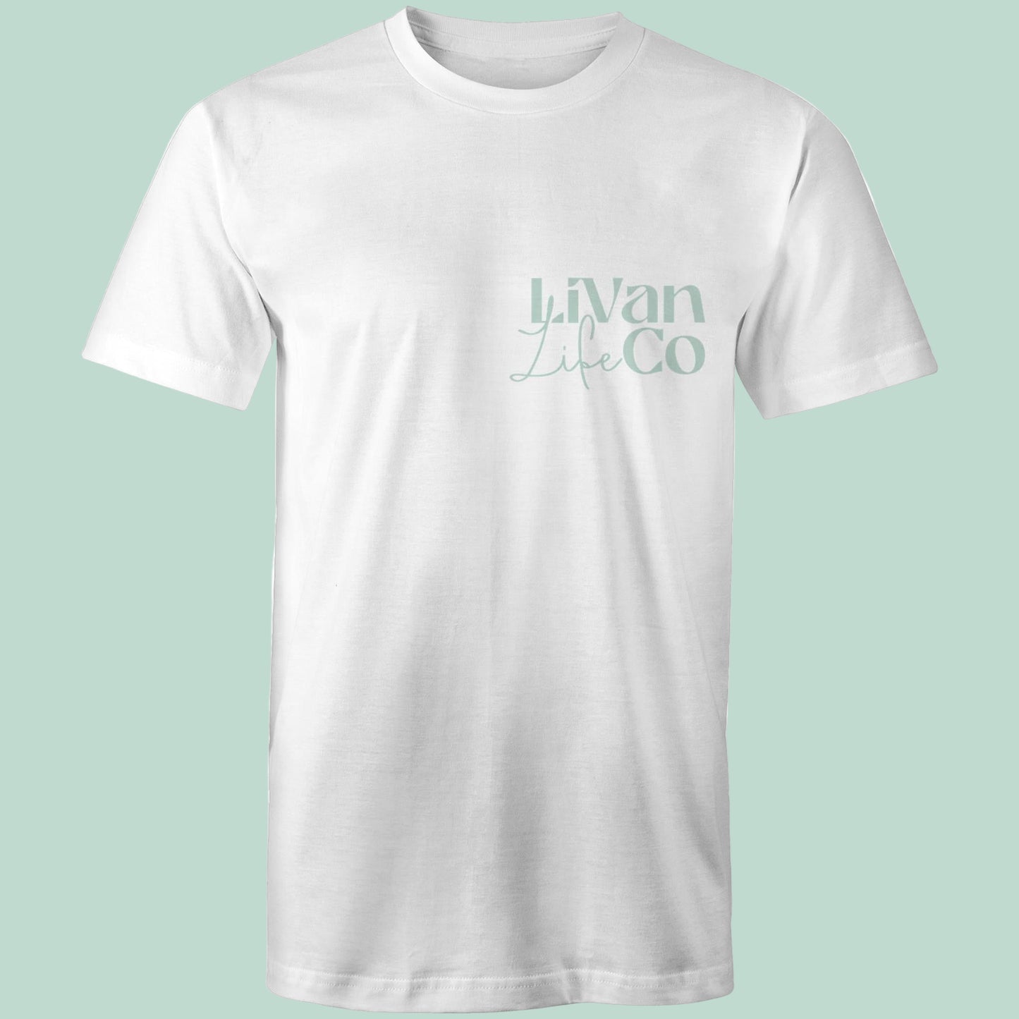 White t-shirt with 'LiVan Life Co' text on a light green background