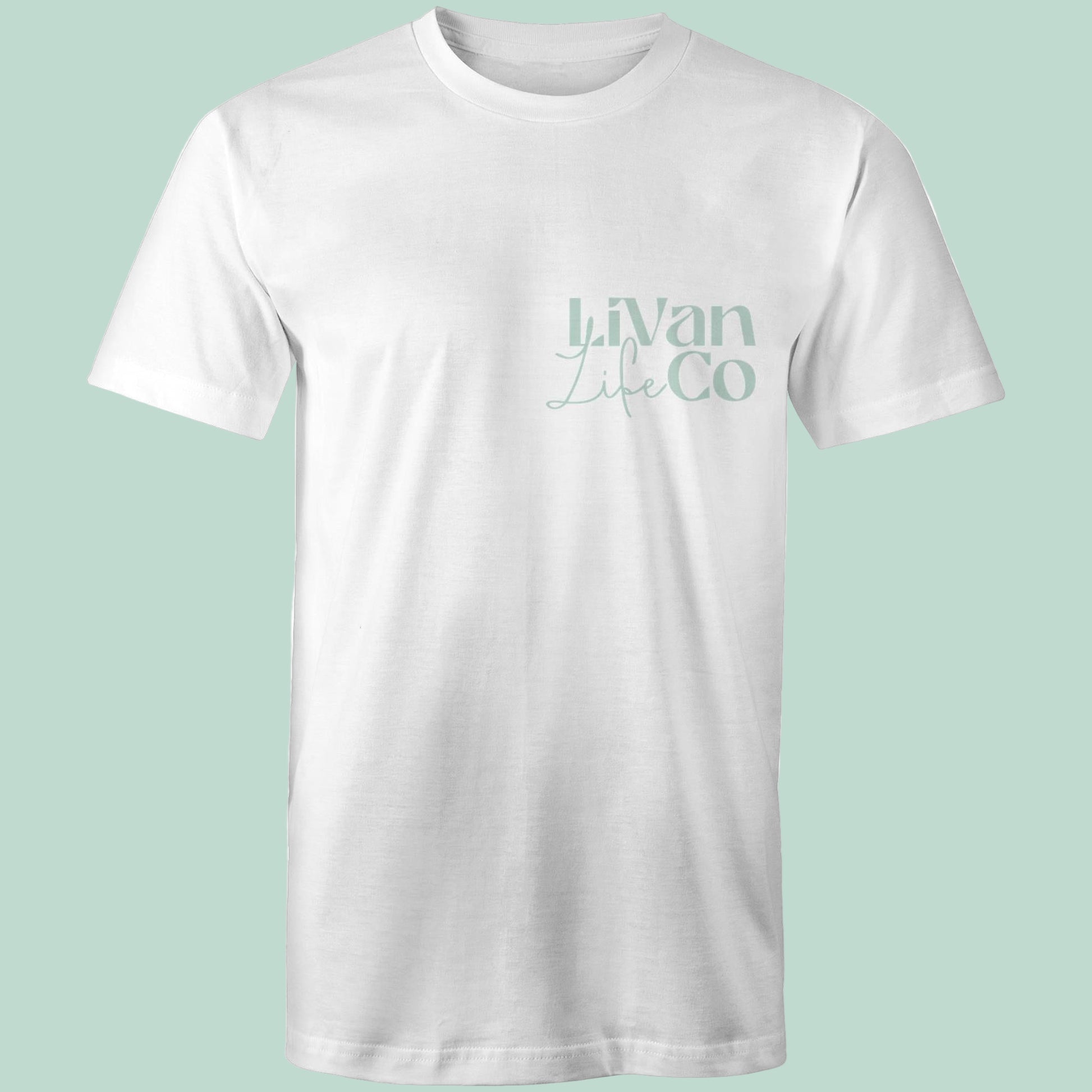 White t-shirt with 'LiVan Life Co' text on a light green background