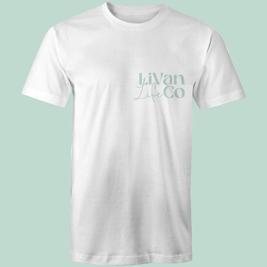 White t-shirt with 'LiVan Life Co' text on a light green background
