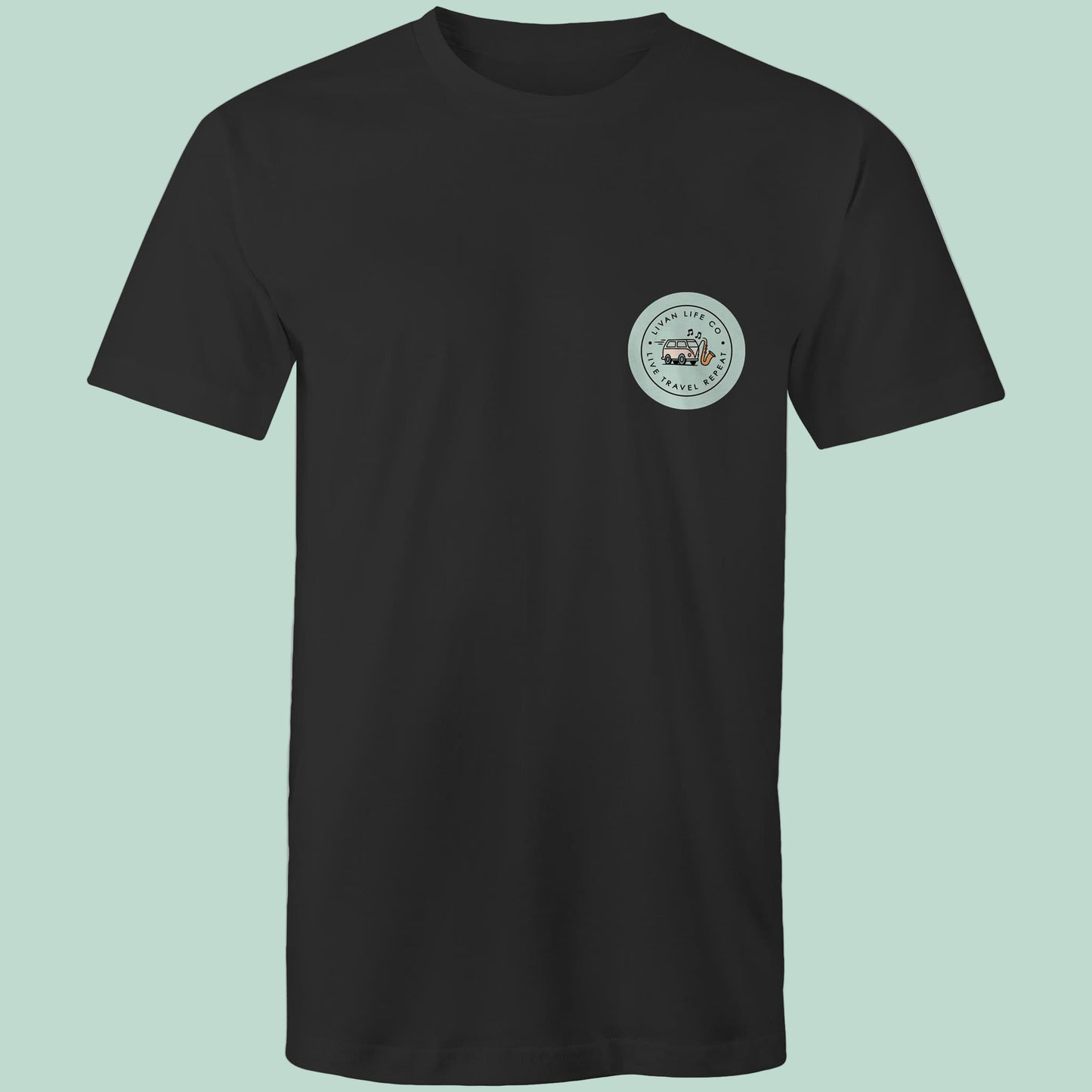Black shirt with green small circular logo