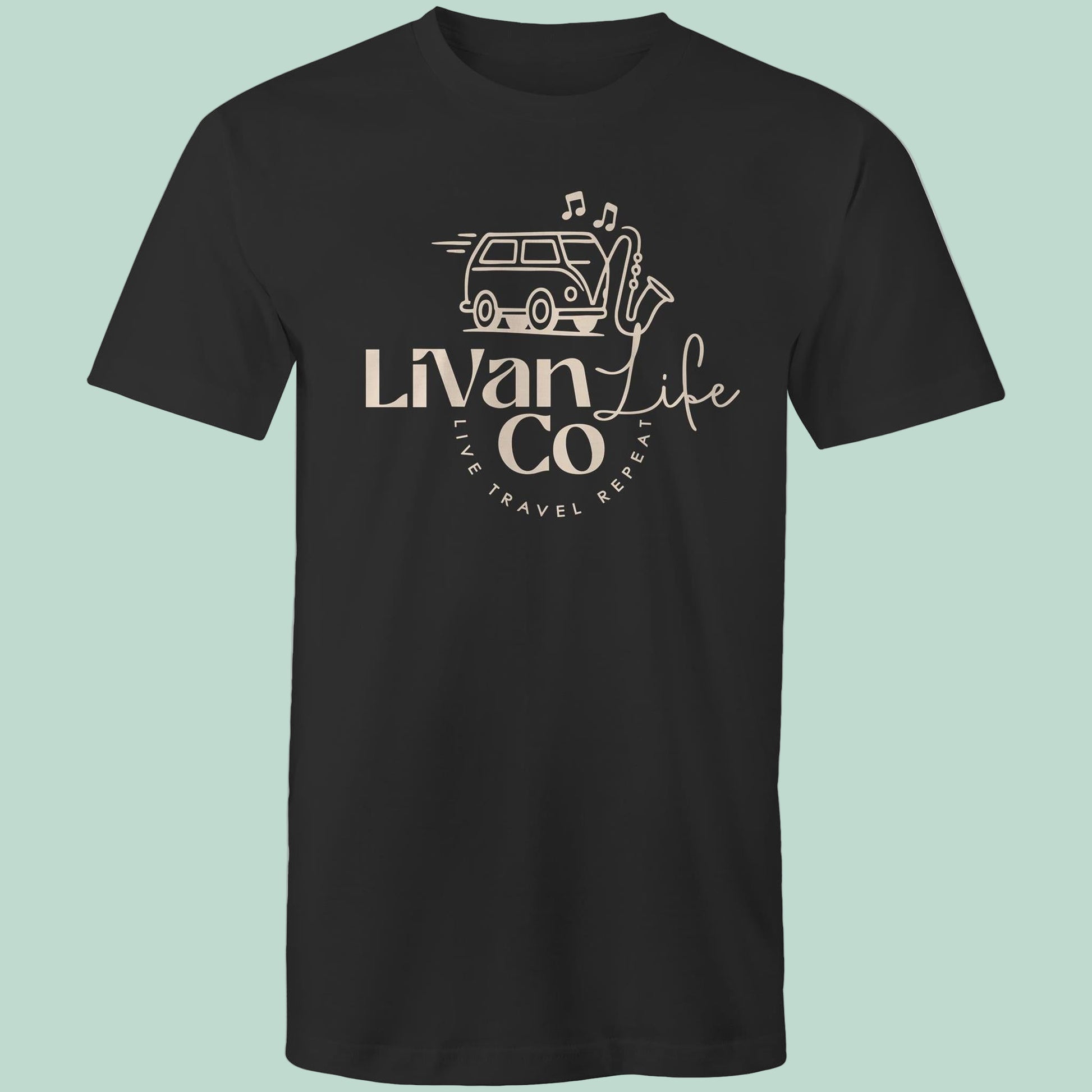 Black t-shirt with 'Livan Life Co' graphic design on a light blue background