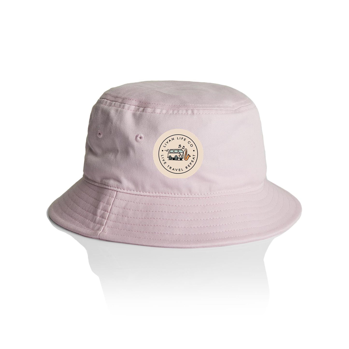 light pink colour bucket hat with circular logo
