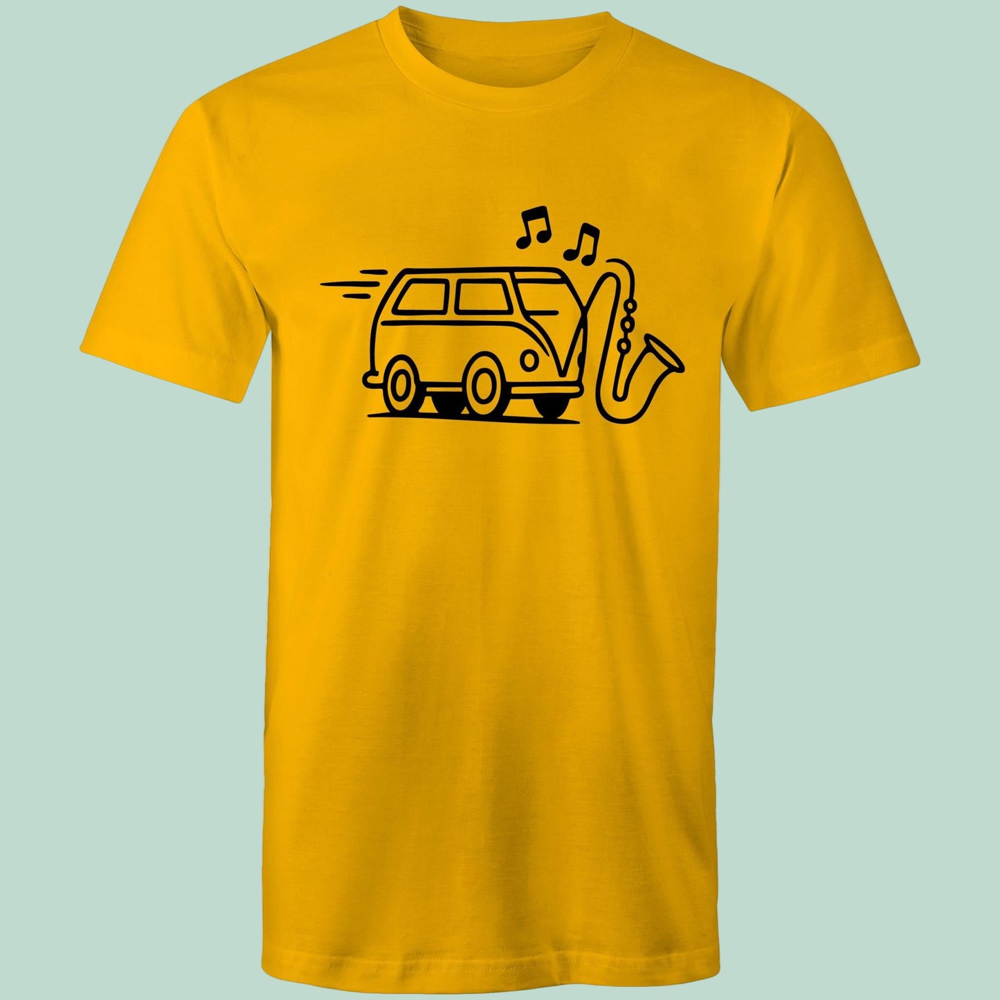 Yellow t-shirt with a graphic design of a van and saxophone on a light blue background