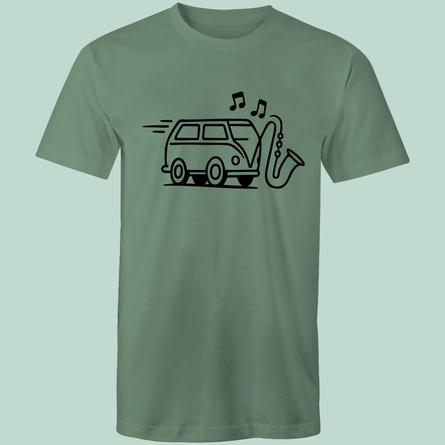 Green t-shirt with a graphic design of a van and saxophone on a light blue background