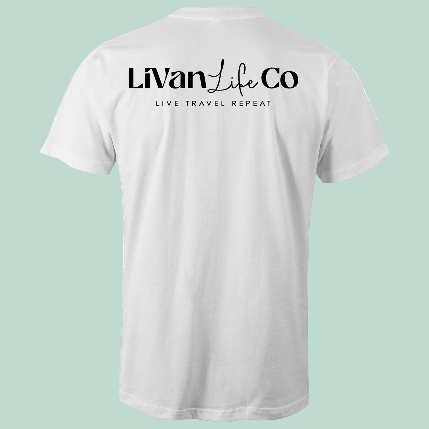White t-shirt with 'LiVan Life Co' text on a light green background