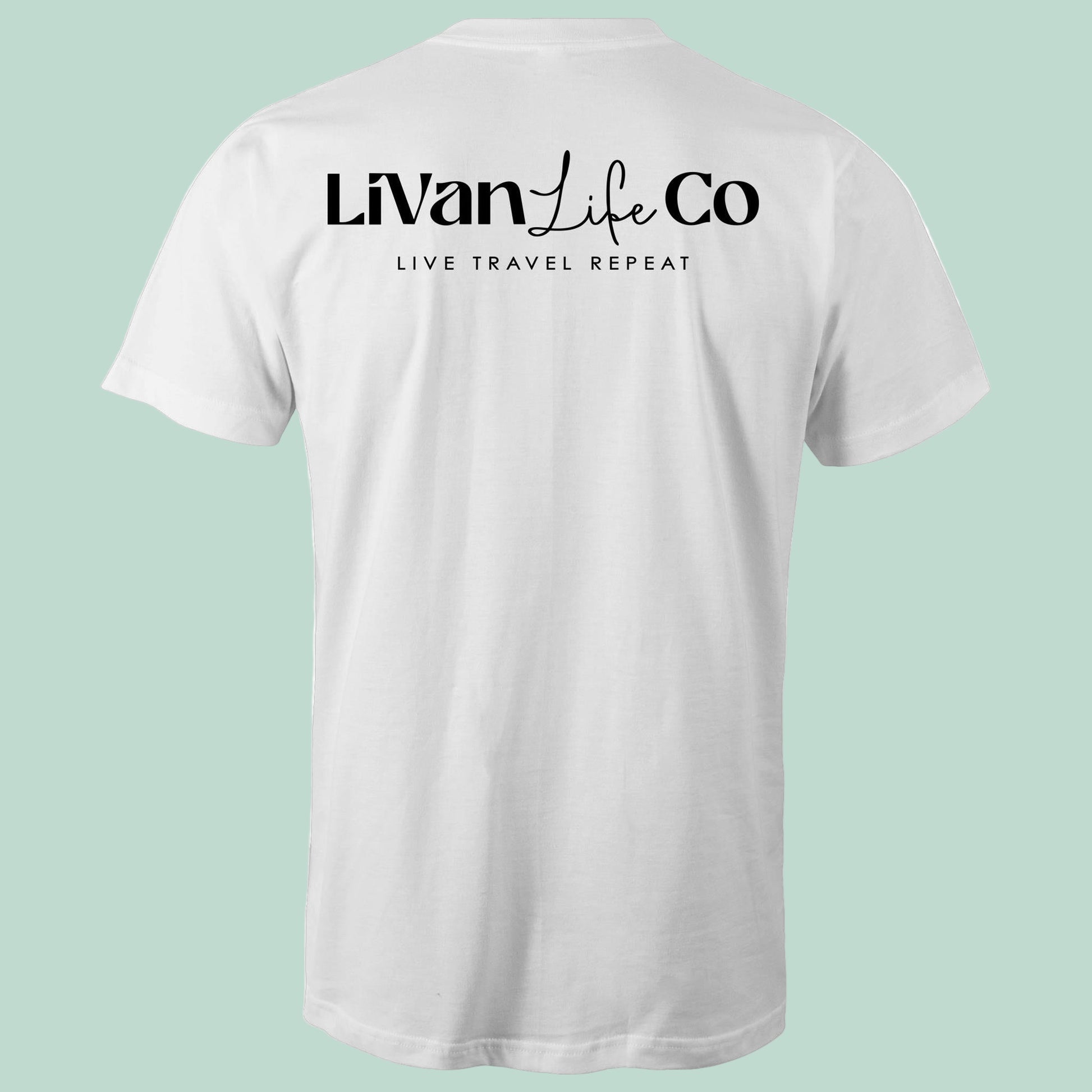 White t-shirt with 'LiVan Life Co' text on a light green background