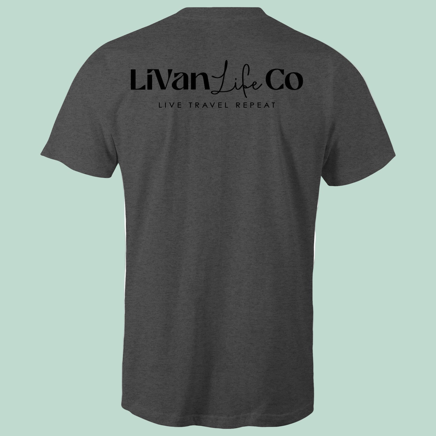 Dark gray t-shirt with 'LiVan Life Co' text on the back against a light green background
