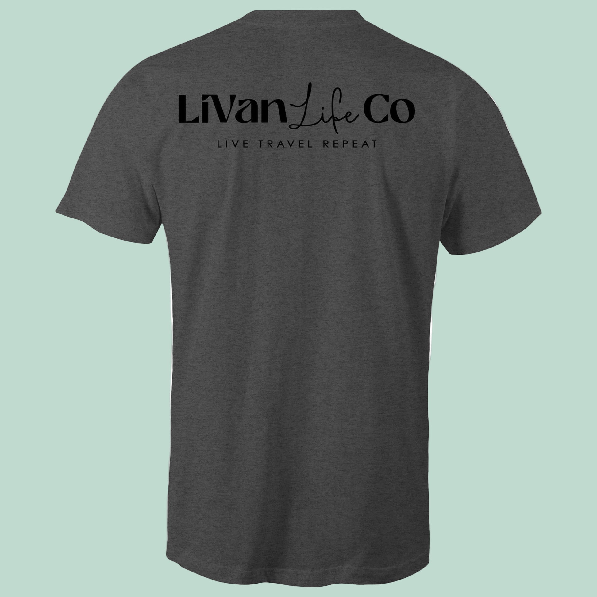 Dark gray t-shirt with 'LiVan Life Co' text on the back against a light green background