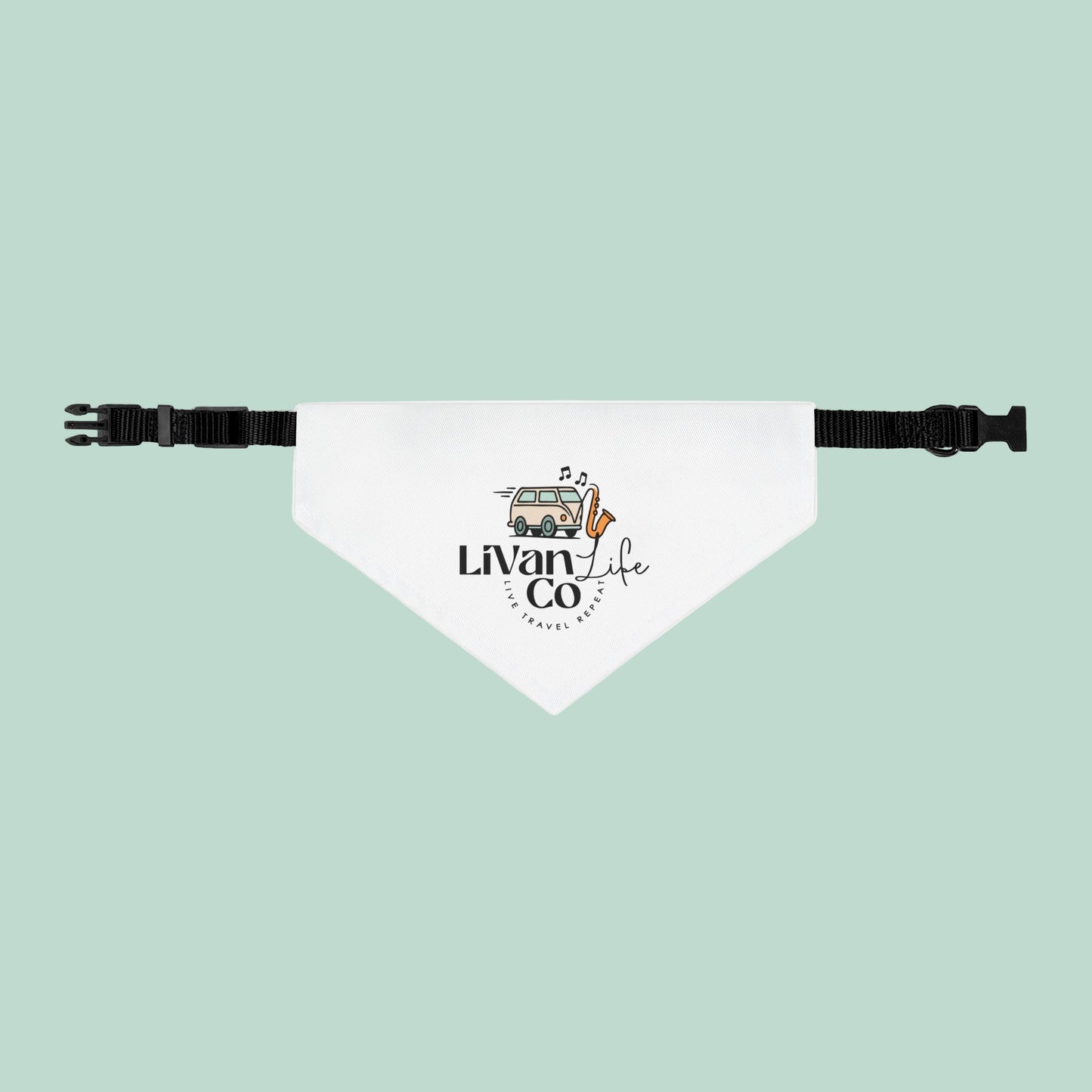 White bandana with black straps featuring 'Livan Life' logo on a light green background