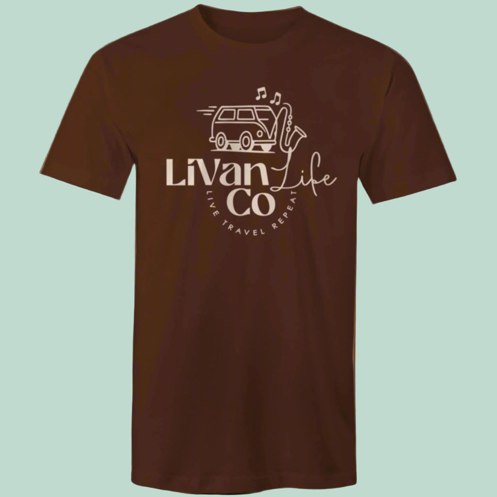 Brown t-shirt with 'Livan Life Co' logo on a light blue background