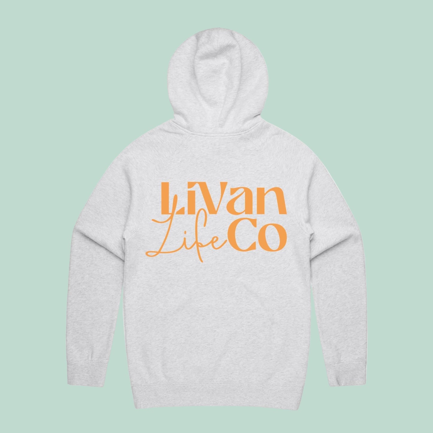 Gray hoodie with 'Livan Life Co' text on a light green background