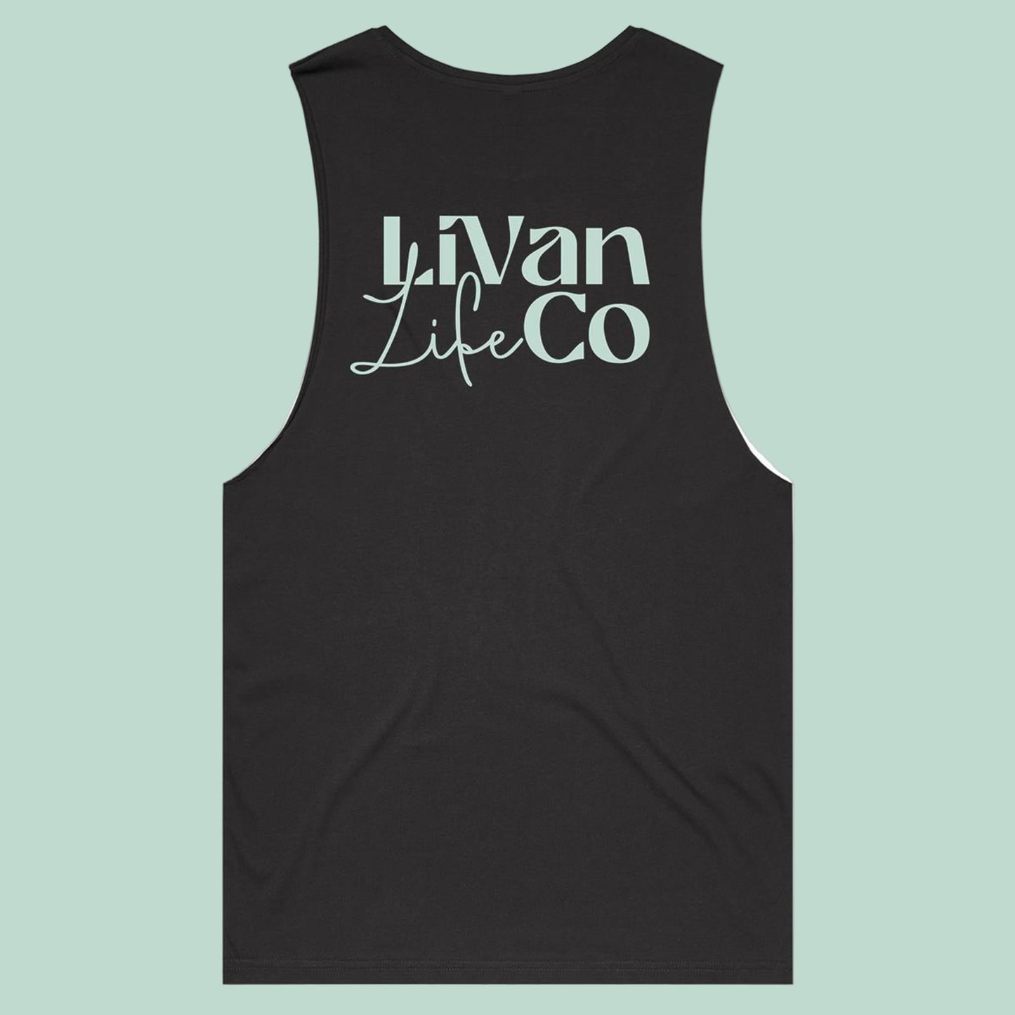 Black muscle tank top with Livan Life co logo