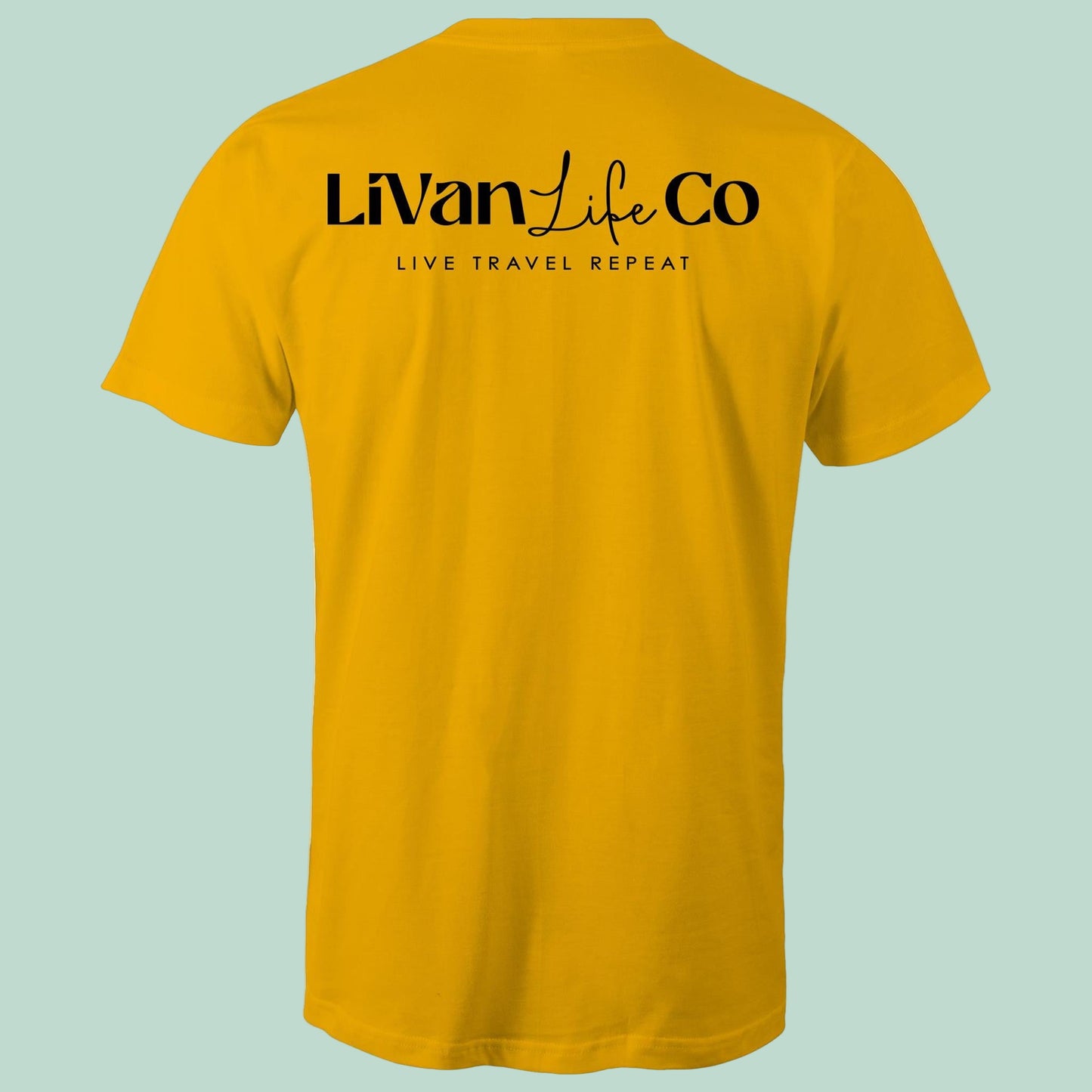 Yellow t-shirt with 'Li'Van Life Co' text on a light blue background