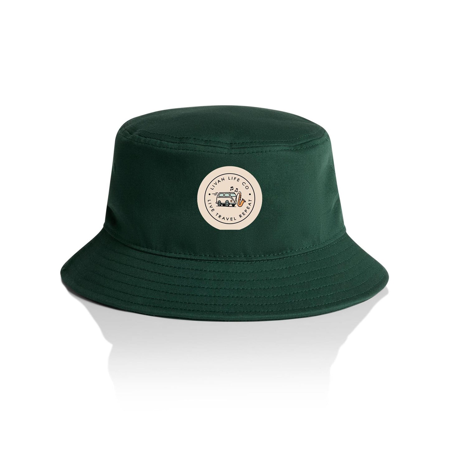 Olive green bucket hat with Cream circular logo