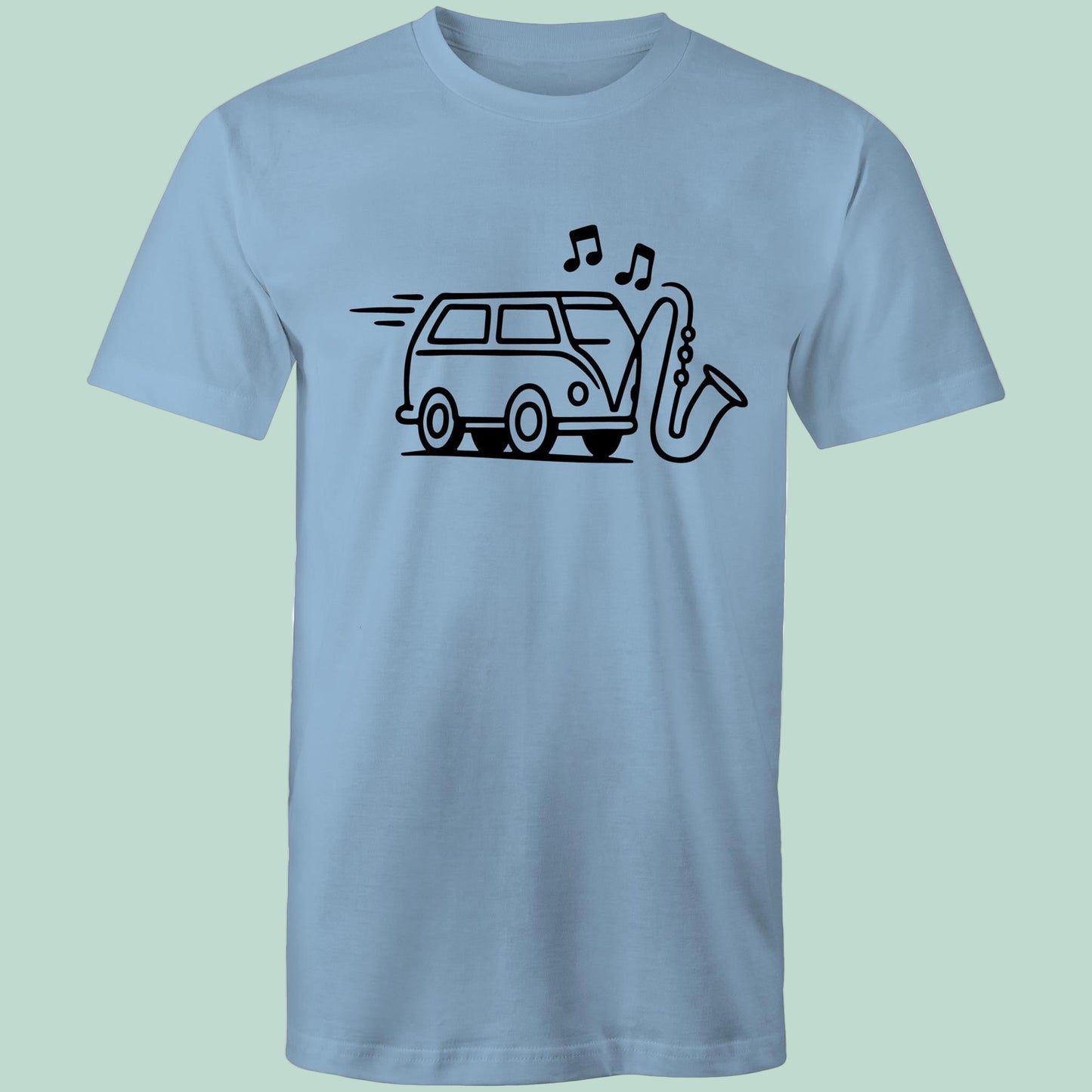 Light blue t-shirt with a black graphic of a van and saxophone on a light green background