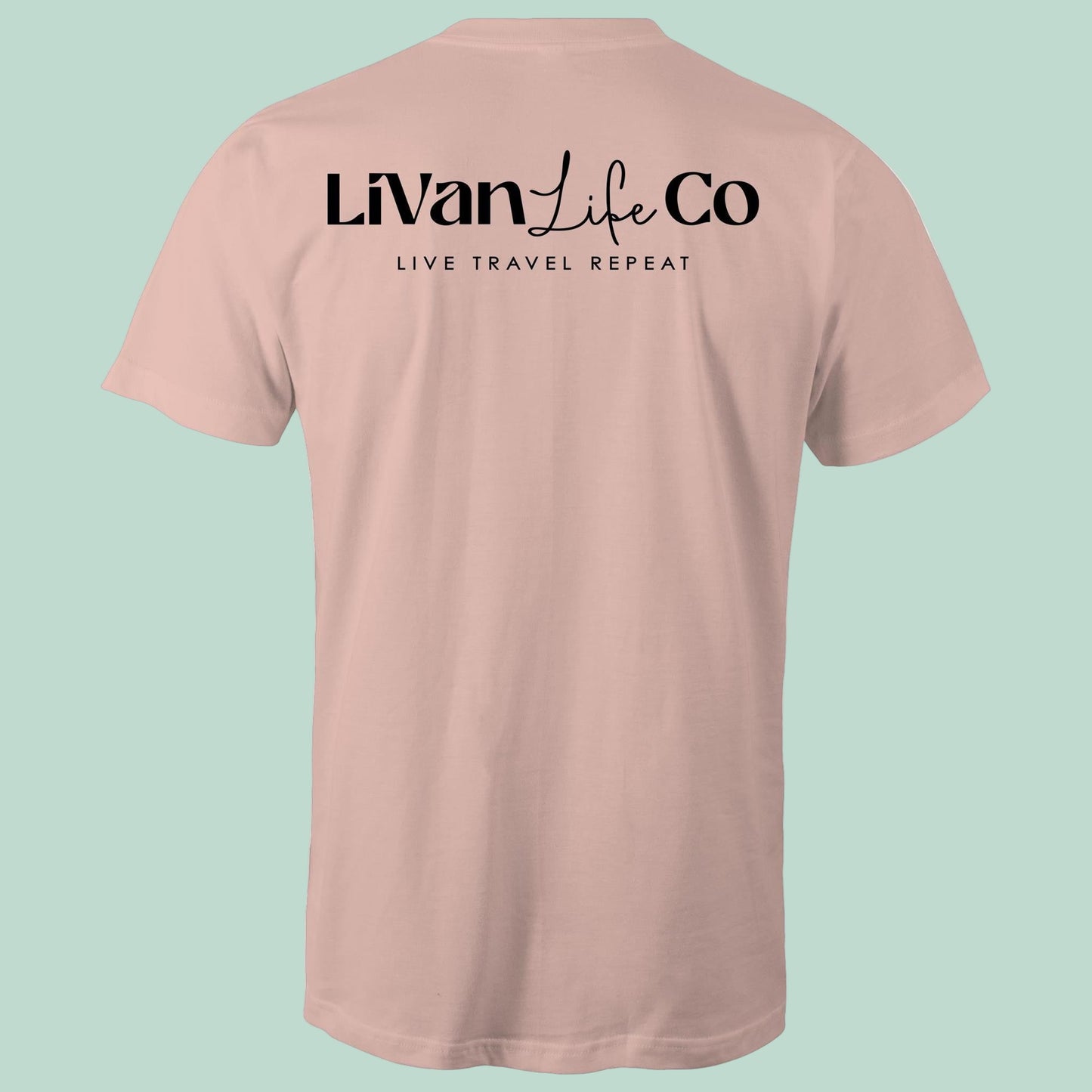 Pink t-shirt with 'LiVan Life Co' text on a light green background