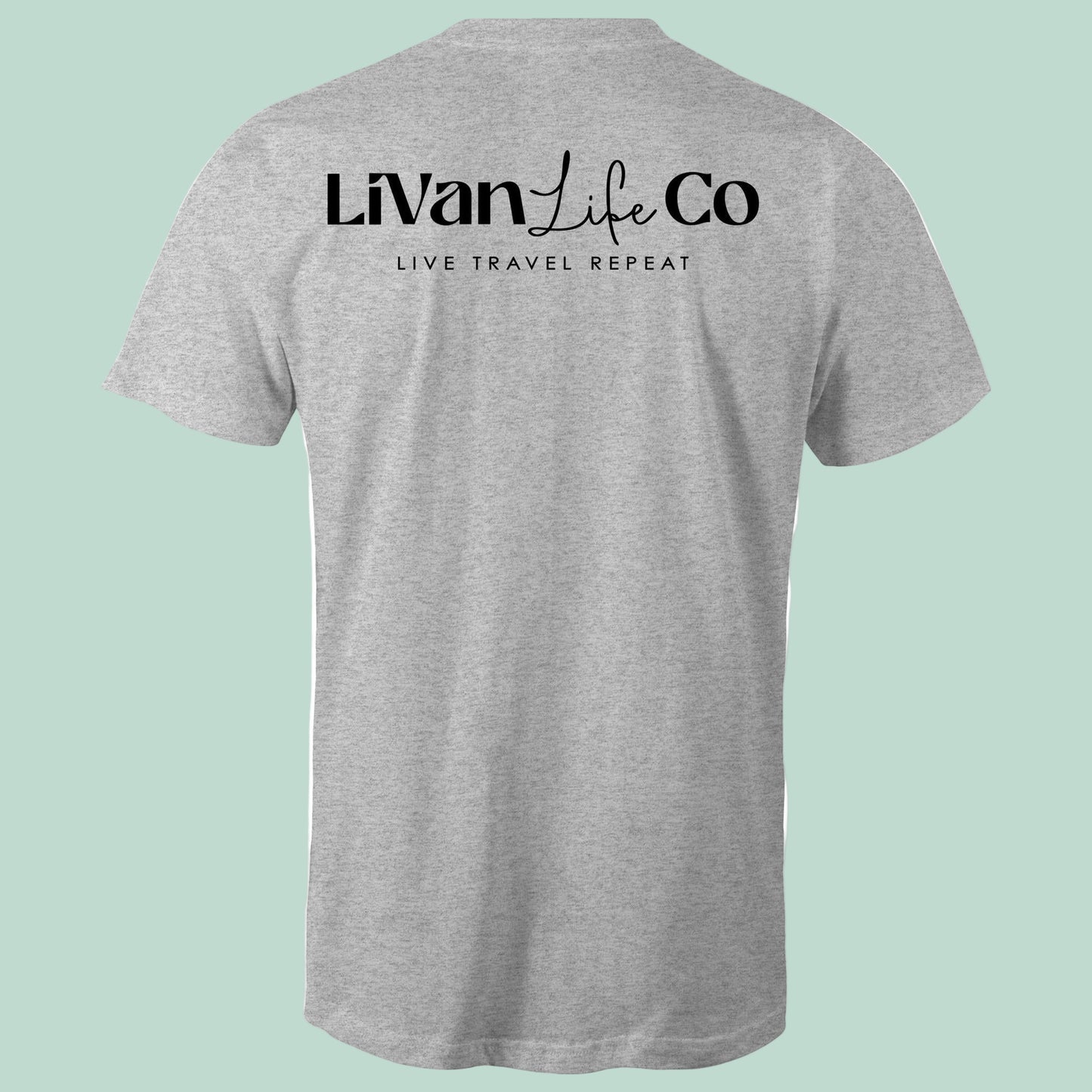 Gray t-shirt with 'LiVan Life Co' text on the back against a white background