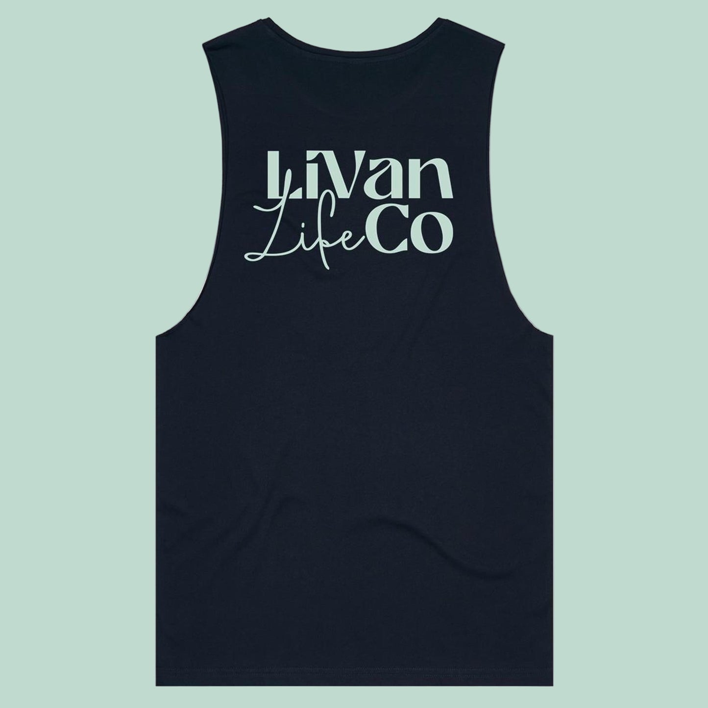 Dark muscle tank top with Livan Life co logo
