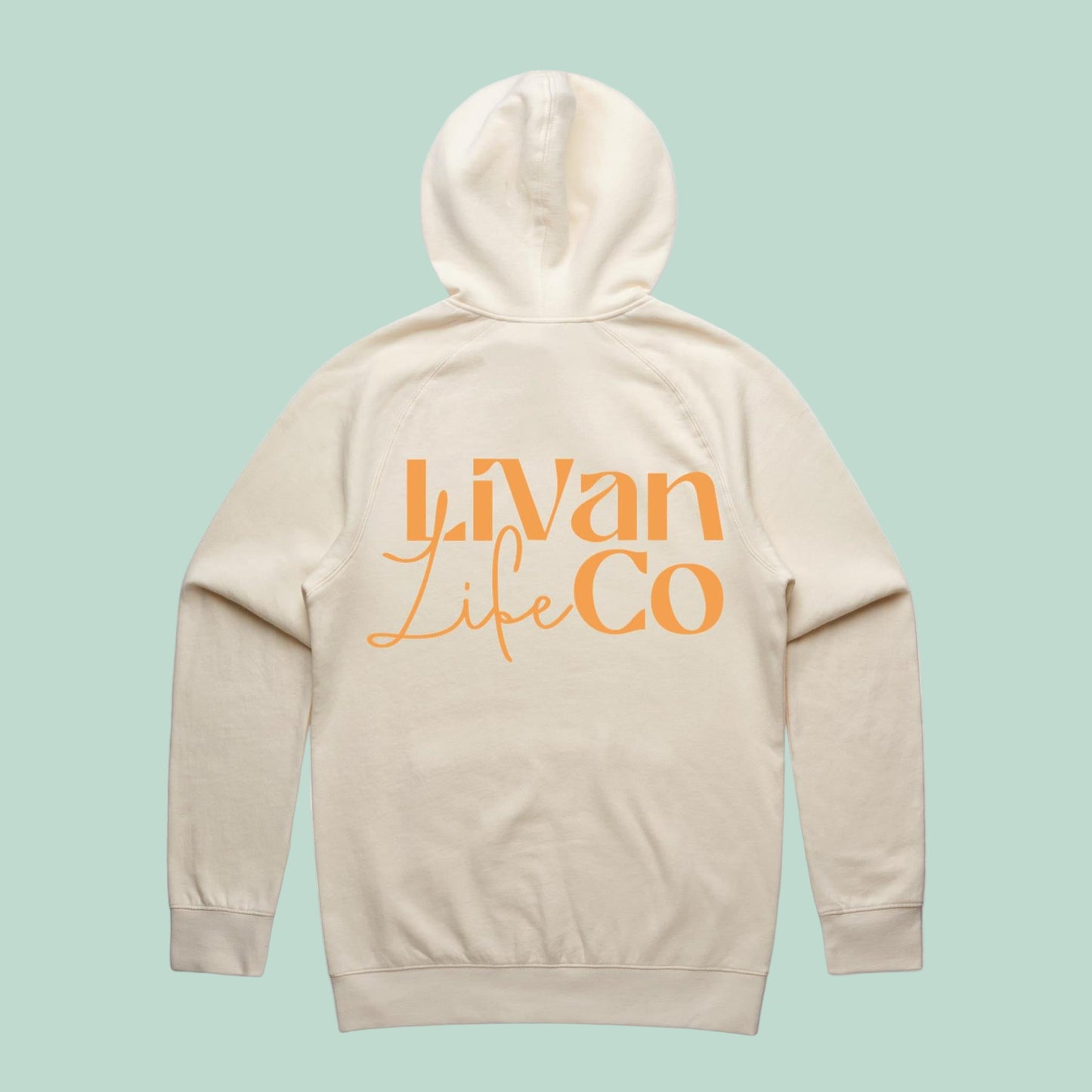 Beige hoodie with 'Livan Life Co' text on the back against a white background