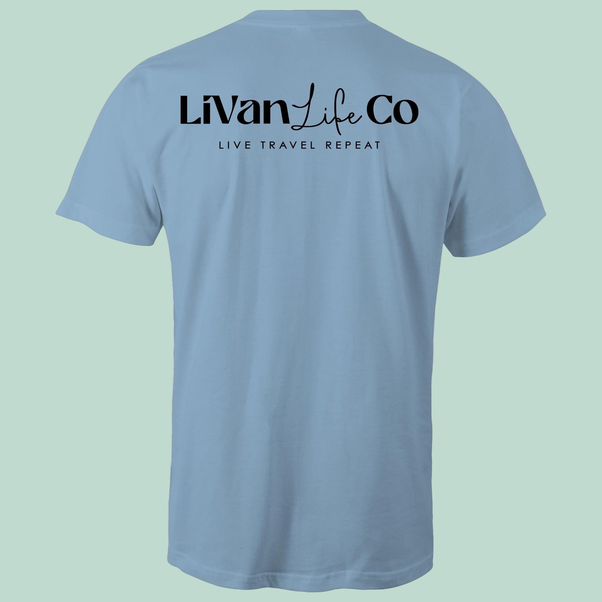 Light blue t-shirt with 'LiVan Life Co' text on the back against a light green background