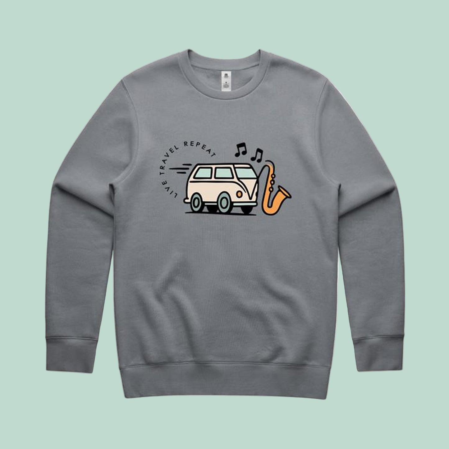 Gray sweatshirt with a graphic design on a light green background