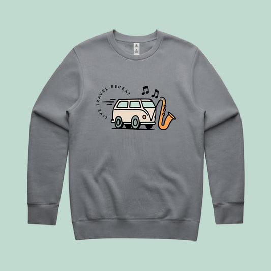 Gray sweatshirt with a graphic design on a light green background
