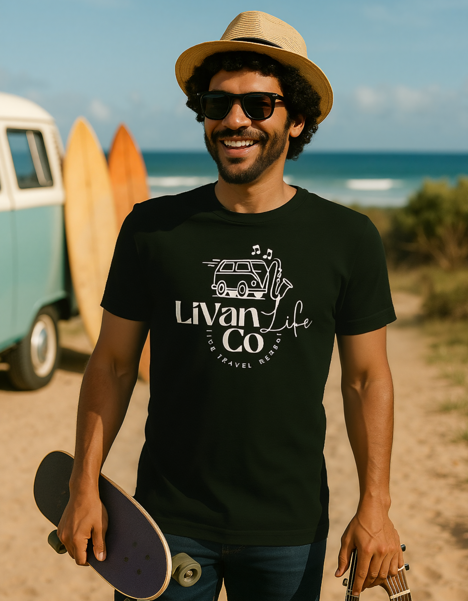 Man wearing a black t-shirt with 'Livan Co' logo, holding a skateboard and guitar, standing on a beach.