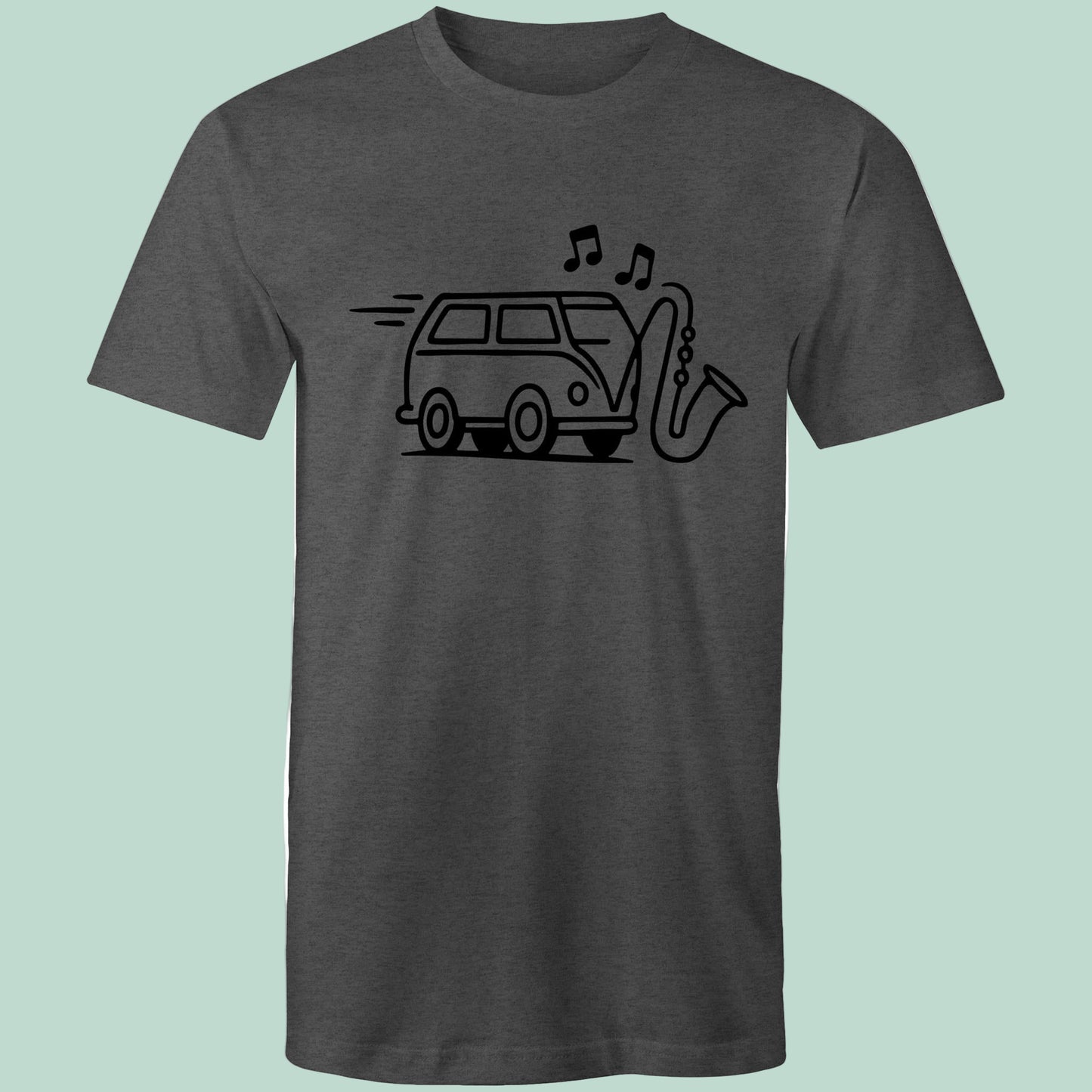 Dark gray t-shirt with a graphic of a van and saxophone on a light blue background