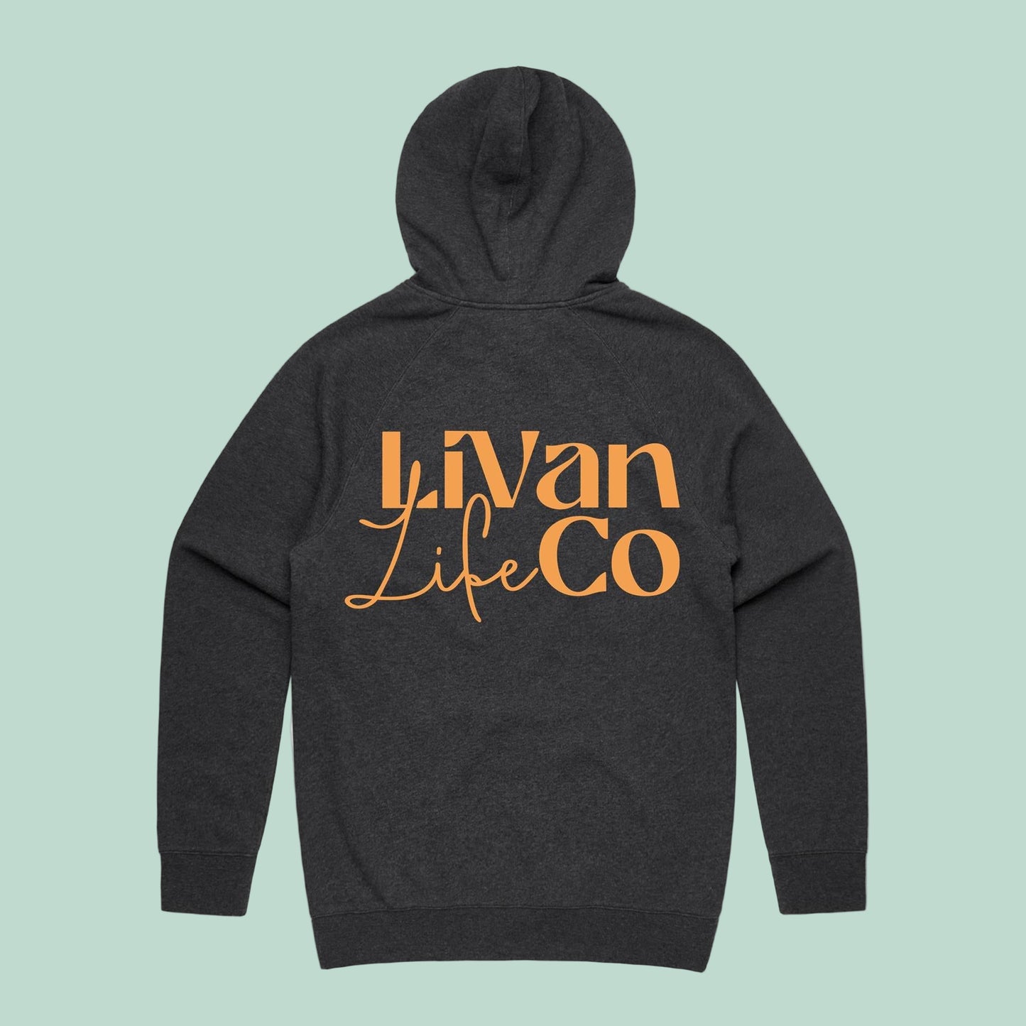 Black hoodie with 'Livan Life Co' text on the back against a light green background