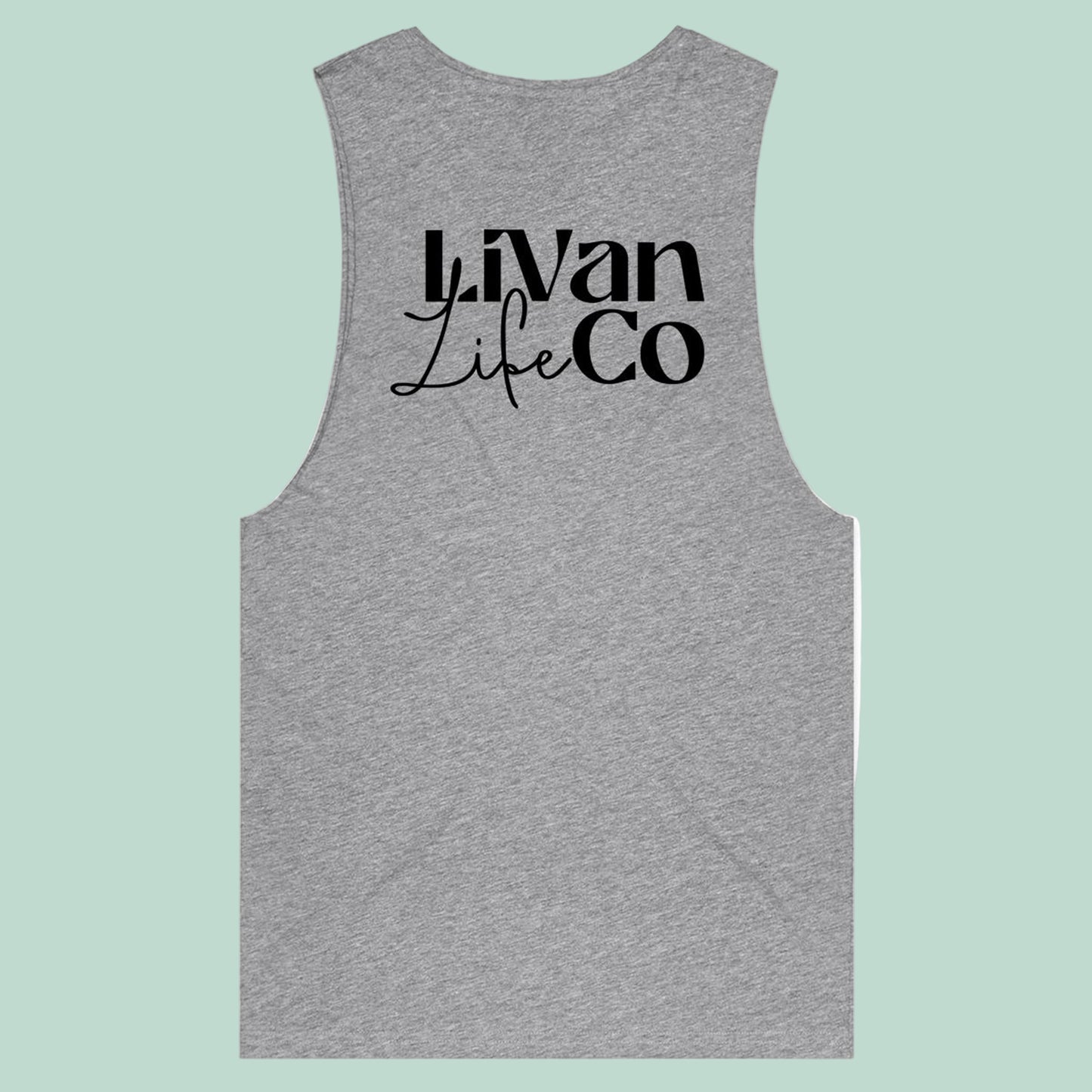 Grey Muscle tank top with Livan life co logo