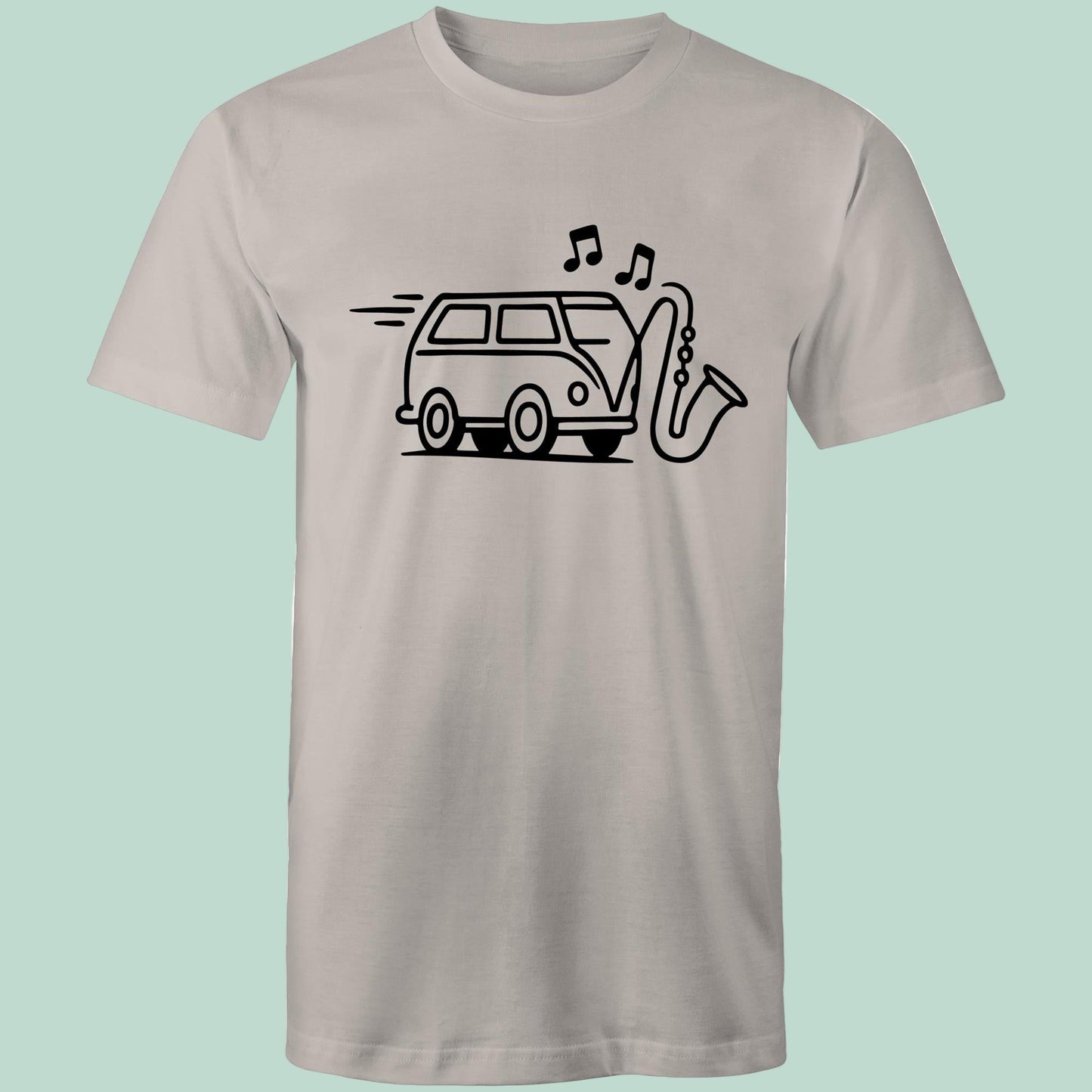 Gray t-shirt with a black graphic of a van and saxophone on a white background