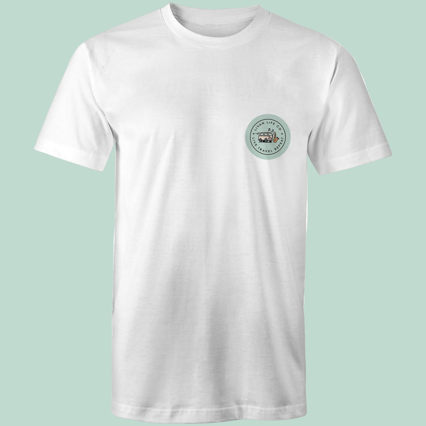 White shirt with small green circular logo