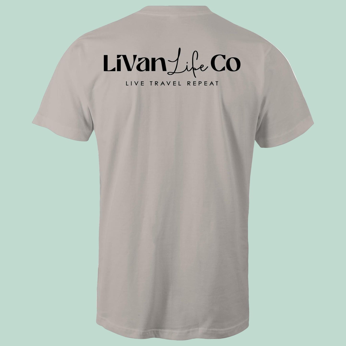 Gray t-shirt with 'LiVan Life Co' text on the back against a light green background