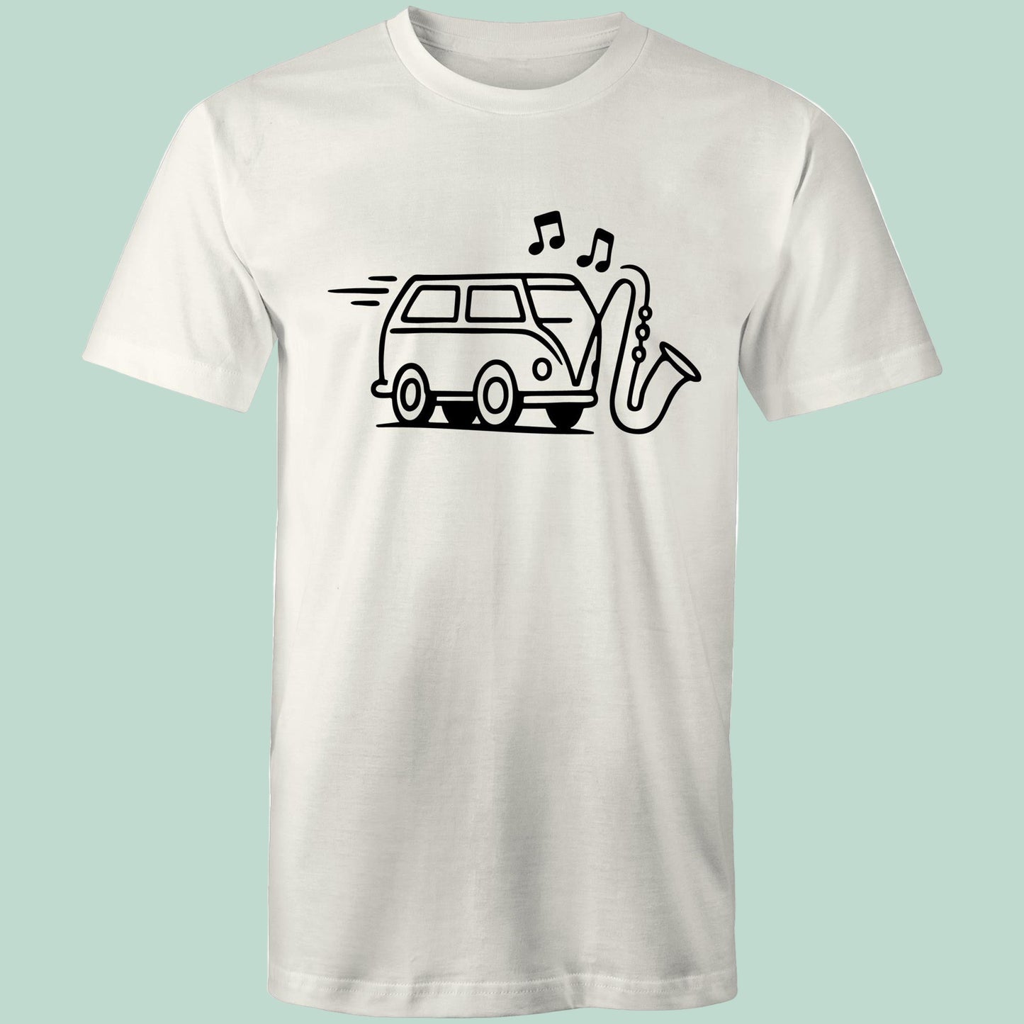 White t-shirt with a black graphic of a van and saxophone on a light blue background