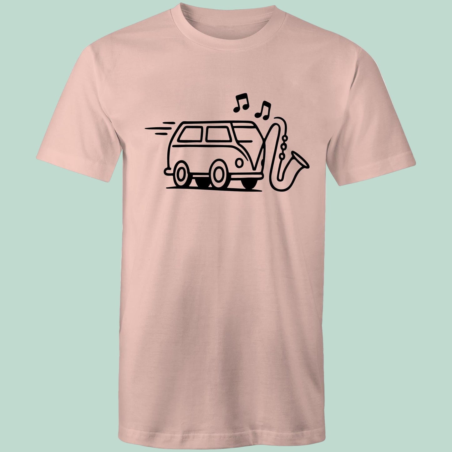 Pink t-shirt with a graphic of a van and saxophone on a light blue background