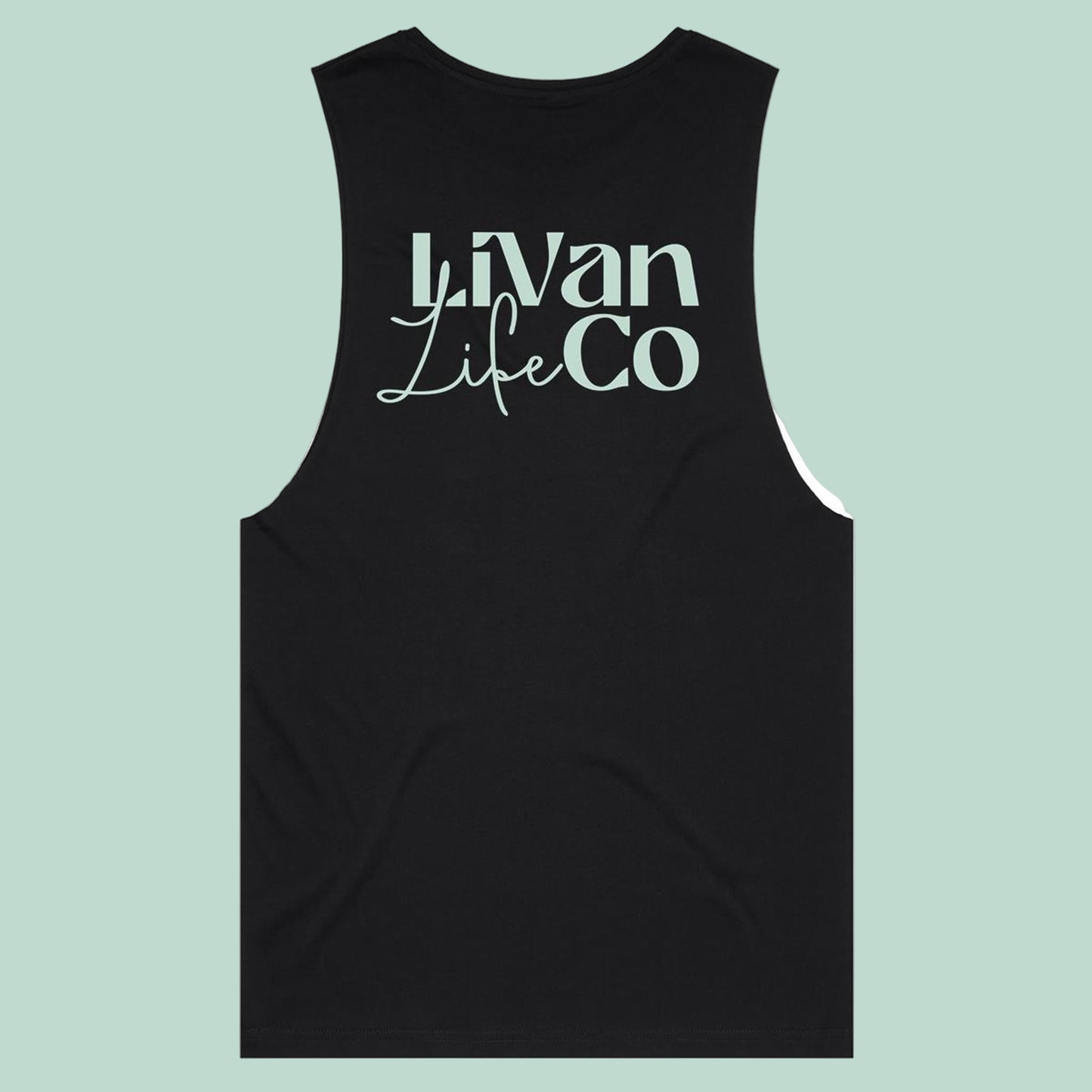 Dark muscle tank top with Livan Life co logo