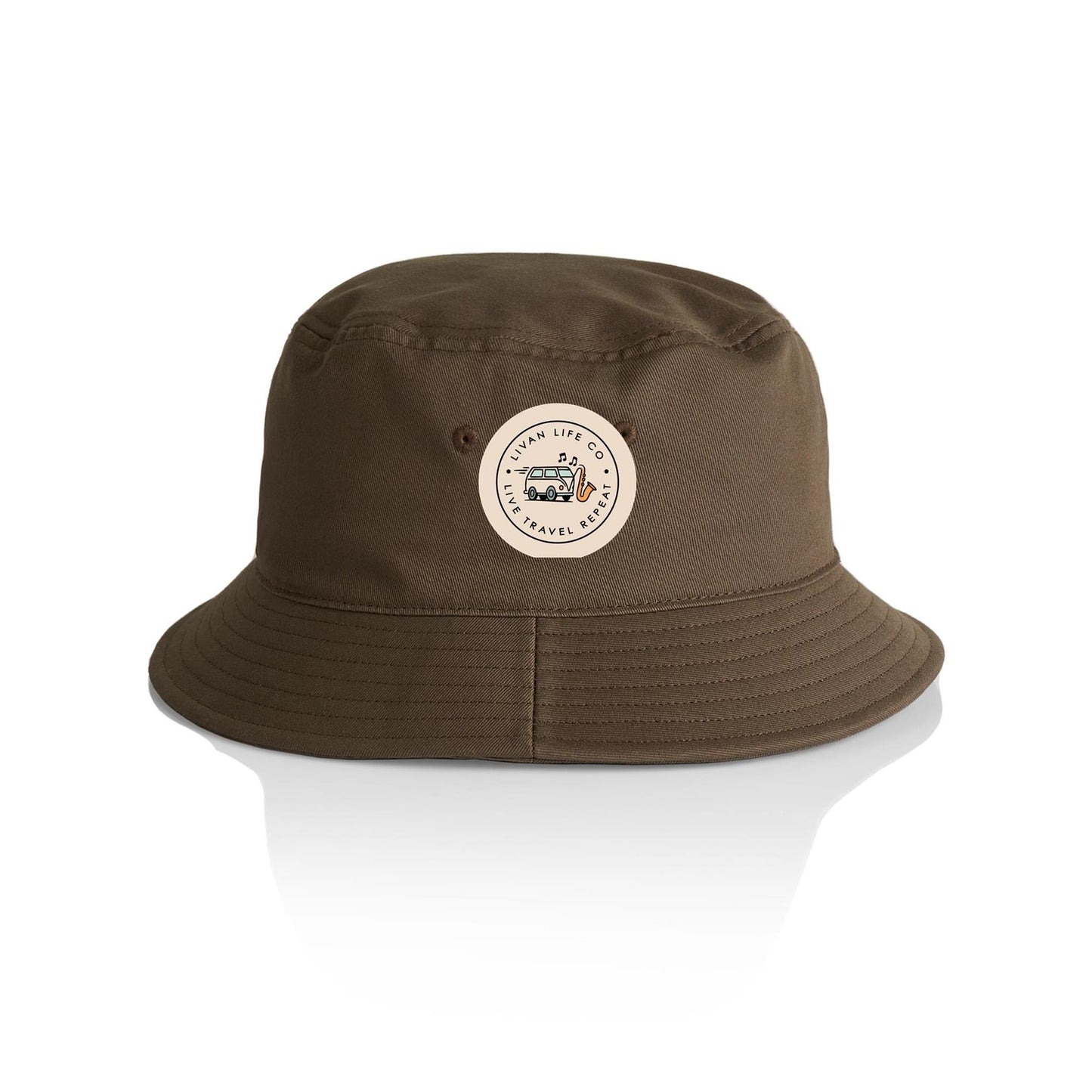 Brown bucket hat with circular logo