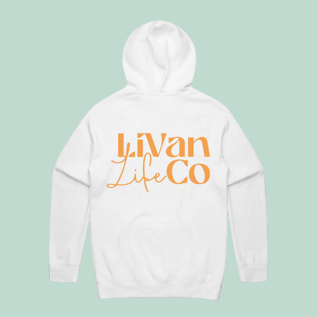 White hoodie with 'Livan Life Co' text on the back against a light green background