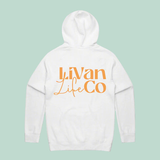 White hoodie with 'Livan Life Co' text on the back against a light green background
